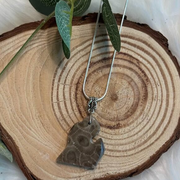 Michigan Mitten Petoskey Stone Necklace + Chain - Picture 1 of 3
